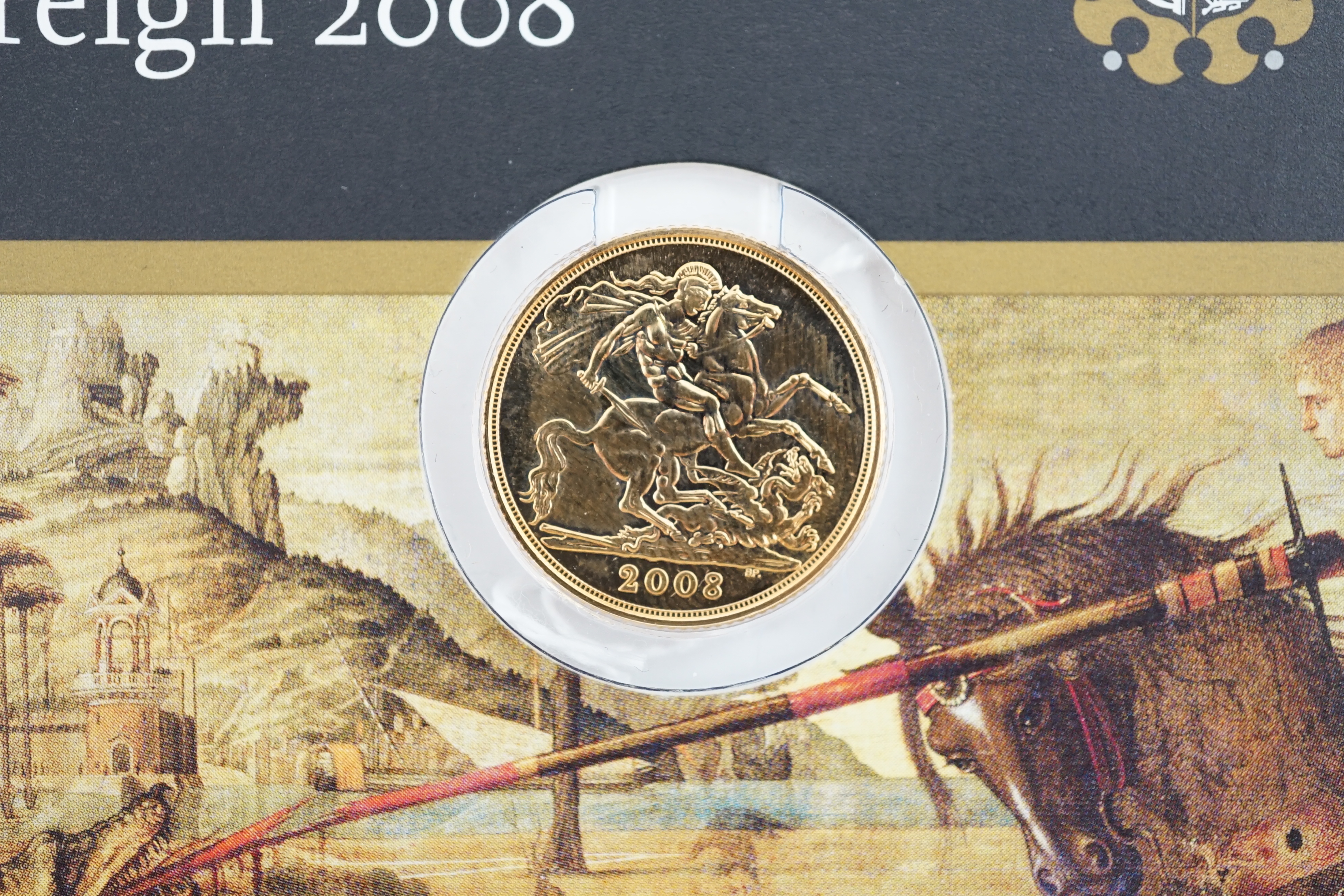 British gold coins, Elizabeth II, 2008 Gold Bullion sovereign St. George & The Dragon, BUNC, Royal Mint card